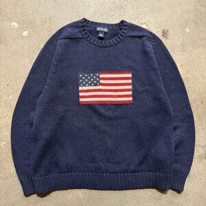 LANDS END USA Flag SweaterExtra Large Blue Knit Crewneck Pullover